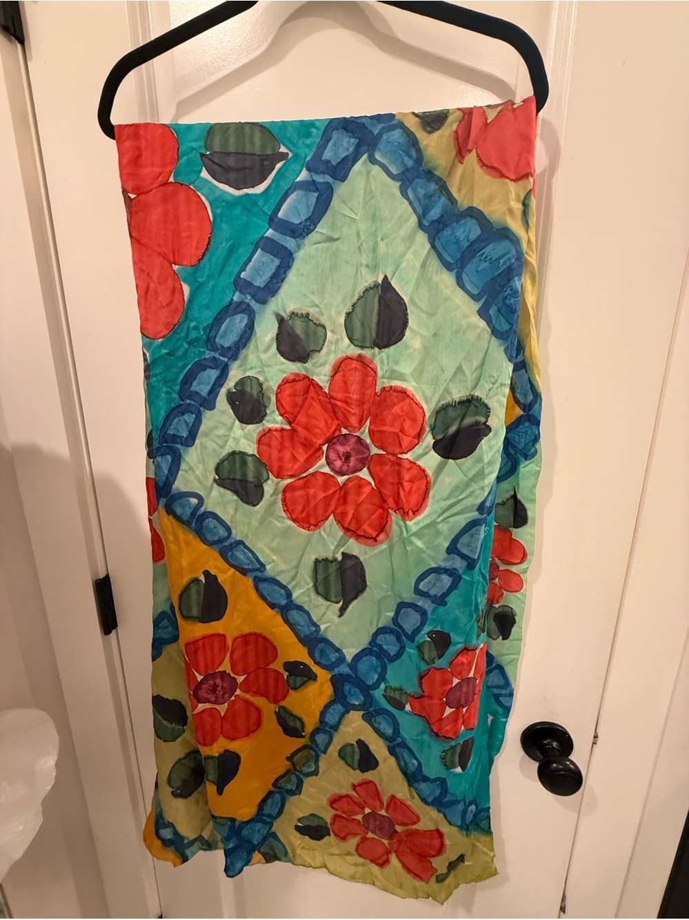 Bright Floral Silk Scarf - Red, Teal, Yellow